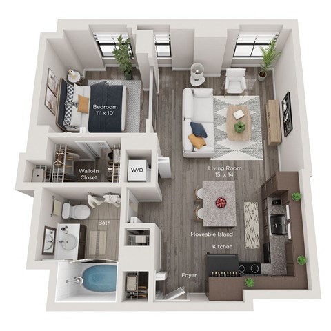 Floor plan for 1 bed, 1 bath, 672 sqft