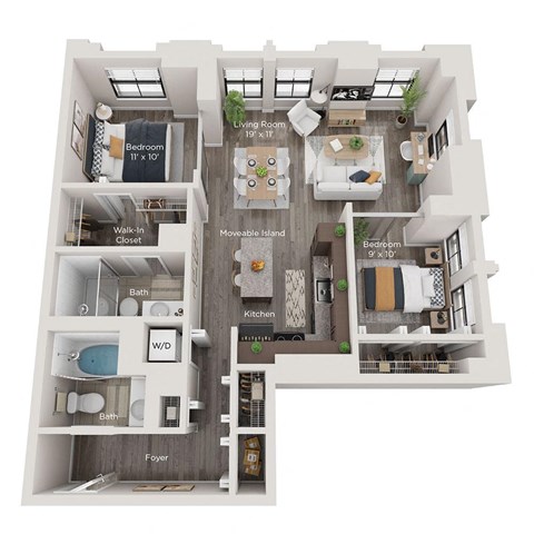 Floor plan for 2 beds, 2 baths, 982 sqft