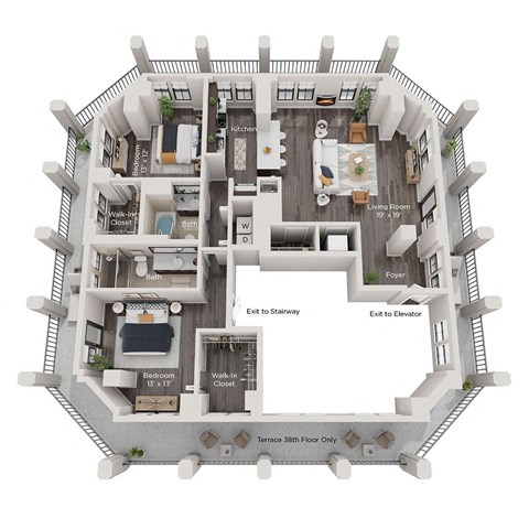 Floor plan for 2 beds, 2 baths, 1337 sqft
