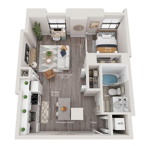 Floor plan for 1 bed, 1 bath, 600 sqft