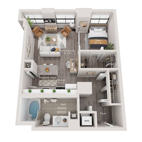 Floor plan for 1 bed, 1 bath, 590 sqft