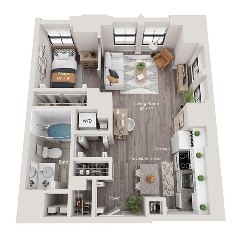 Floor plan for 1 bed, 1 bath, 652 sqft