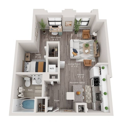Floor plan for 1 bed, 1 bath, 606 sqft