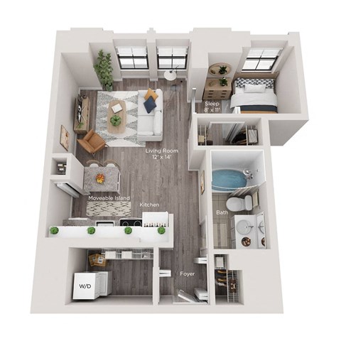 Floor plan for 1 bed, 1 bath, 608 sqft