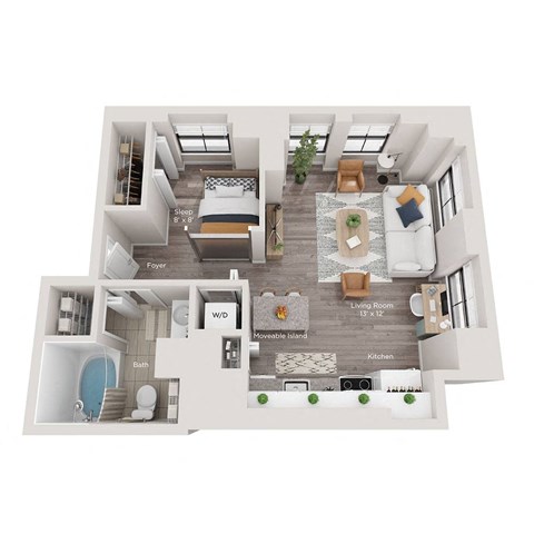 Floor plan for 1 bed, 1 bath, 592 sqft