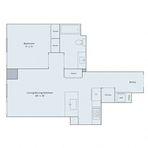Floor plan for 1 bed, 1 bath, 640 sqft