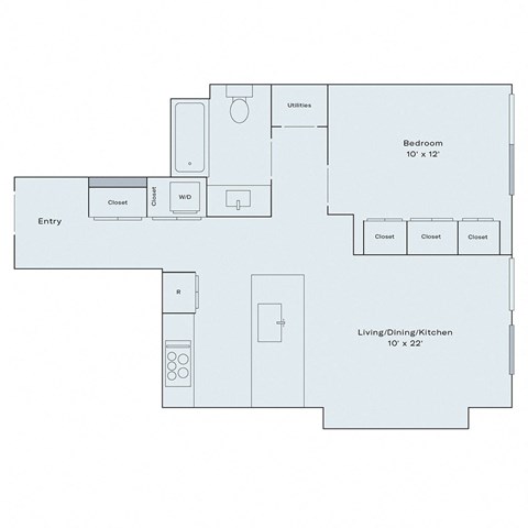 Floor plan for 1 bed, 1 bath, 649 sqft