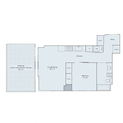 Floor plan for 1 bed, 1 bath, 665 sqft