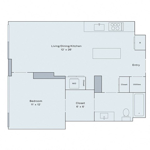 Floor plan for 1 bed, 1 bath, 692 sqft
