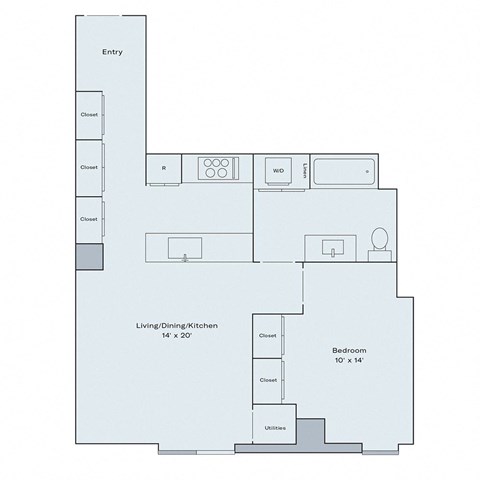Floor plan for 1 bed, 1 bath, 697 sqft
