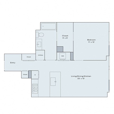 Floor plan for 1 bed, 1 bath, 719 sqft