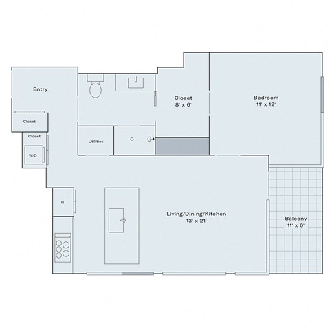 Floor plan for 1 bed, 1 bath, 721 sqft