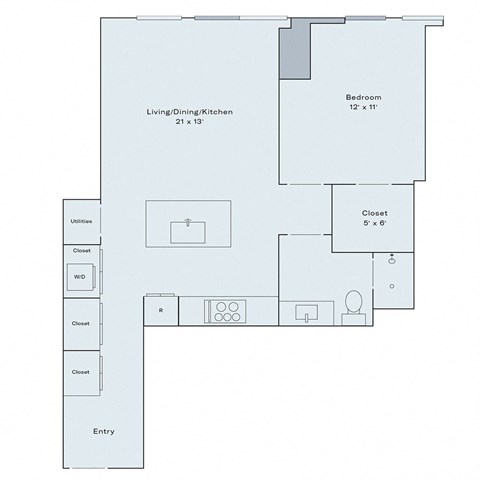 Floor plan for 1 bed, 1 bath, 726 sqft