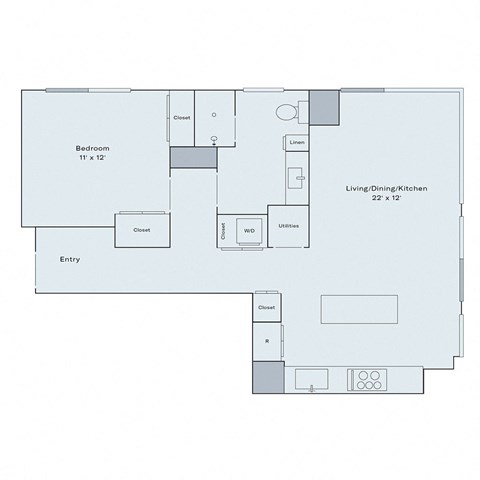 Floor plan for 1 bed, 1 bath, 742 sqft