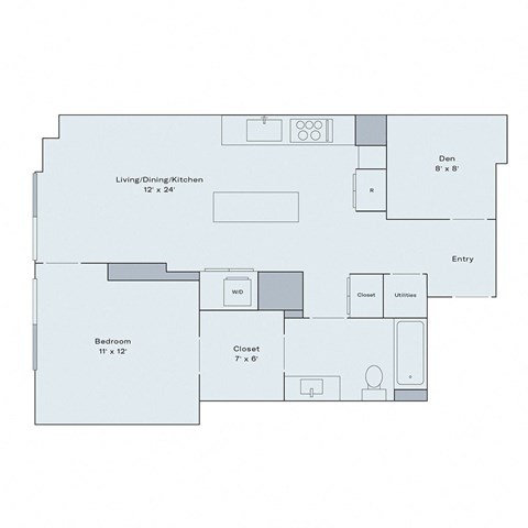 Floor plan for 1 bed, 1 bath, 791 sqft