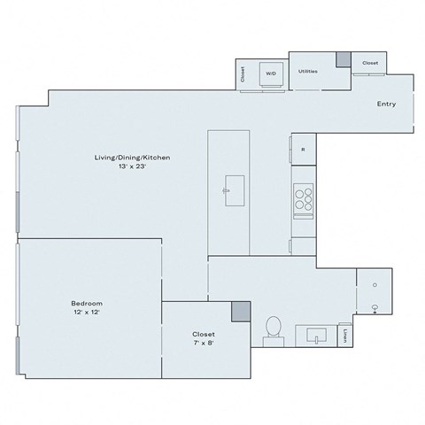 Floor plan for 1 bed, 1 bath, 795 sqft