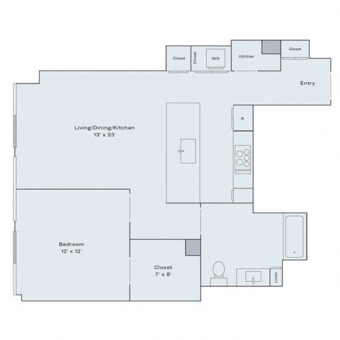 Floor plan for 1 bed, 1 bath, 795 sqft