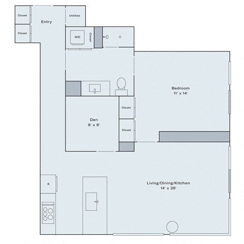 Floor plan for 1 bed, 1 bath, 927 sqft