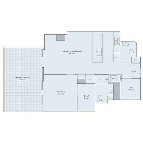 Floor plan for 1 bed, 1.5 baths, 935 sqft