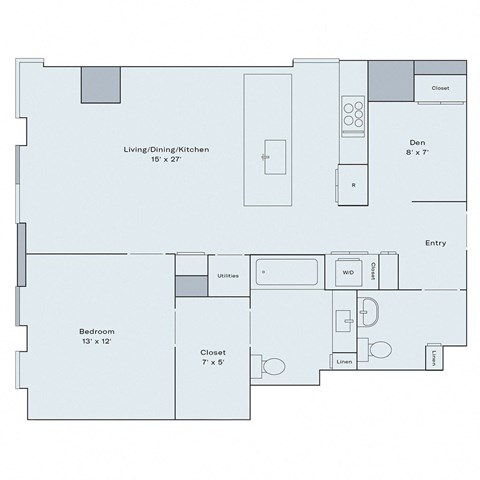 Floor plan for 1 bed, 1.5 baths, 960 sqft