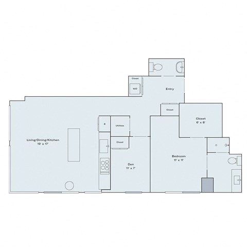 Floor plan for 1 bed, 1.5 baths, 940 sqft