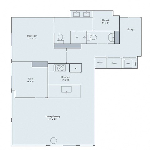 Floor plan for 1 bed, 1.5 baths, 997 sqft