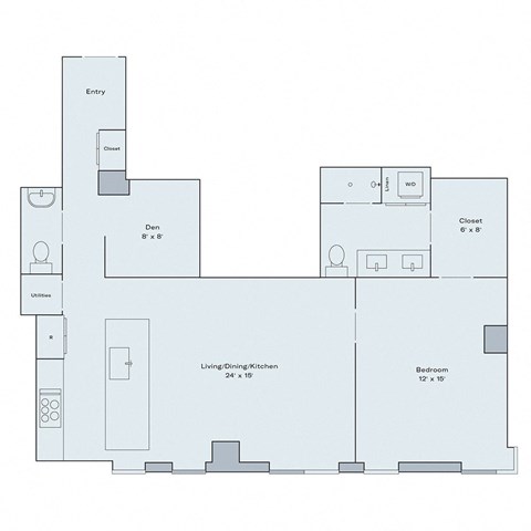 Floor plan for 1 bed, 1.5 baths, 1001 sqft