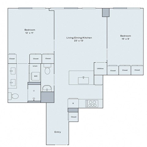 Floor plan for 2 beds, 1.5 baths, 863 sqft