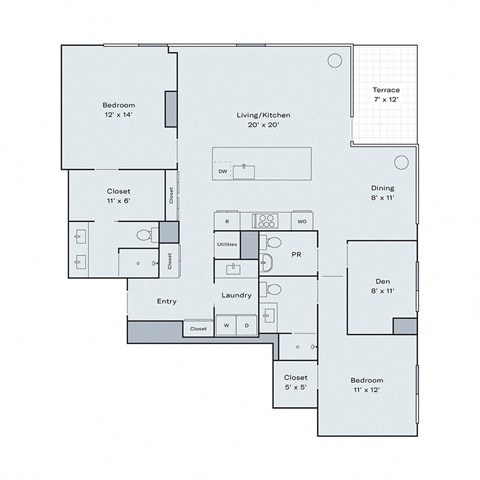 Floor plan for 2 beds, 2.5 baths, 1521 sqft