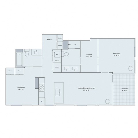Floor plan for 2 beds, 2 baths, 1087 sqft