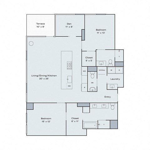 Floor plan for 2 beds, 2.5 baths, 1524 sqft