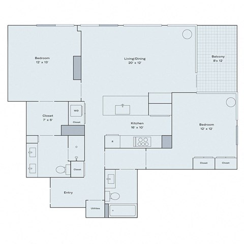 Floor plan for 2 beds, 2 baths, 1141 sqft