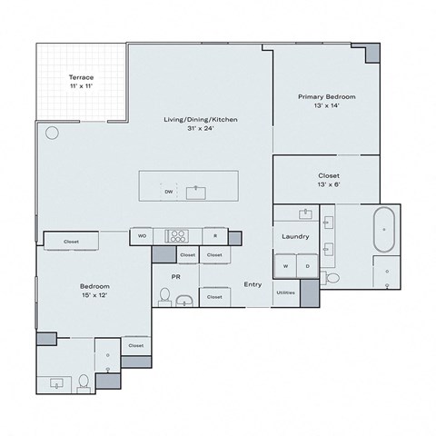 Floor plan for 2 beds, 2.5 baths, 1641 sqft