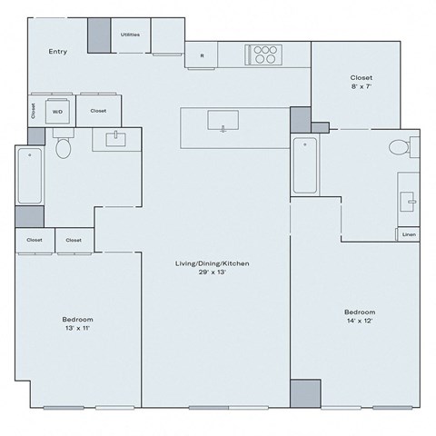 Floor plan for 2 beds, 2 baths, 1192 sqft