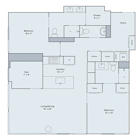 Floor plan for 2 beds, 2.5 baths, 1267 sqft