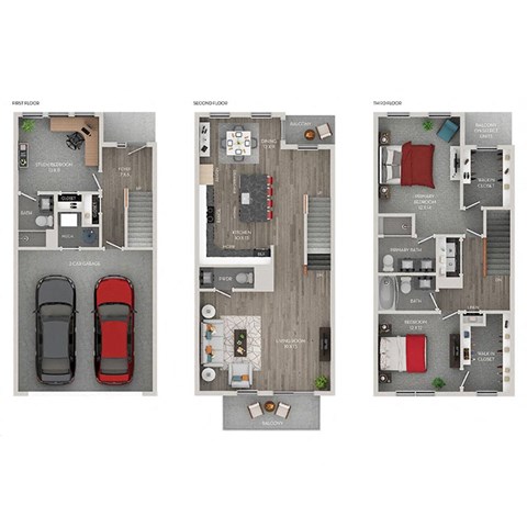 Floor plan for 3 beds, 3.5 baths, 1885 sqft