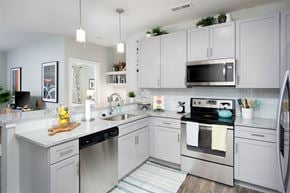 Cincinnati apartment for rent - A modern kitchen with stainless steel appliances and white cabinets.