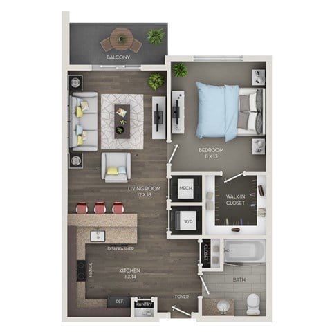 Floor plan for 1 bed, 1 bath, 853 sqft
