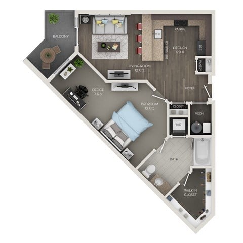 Floor plan for 1 bed, 1 bath, 694 sqft