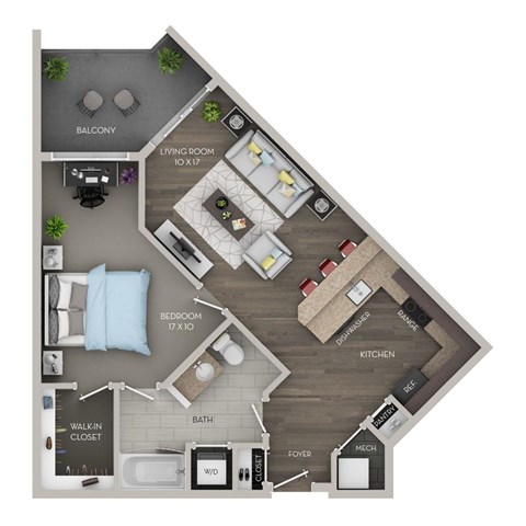 Floor plan for 1 bed, 1 bath, 728 sqft