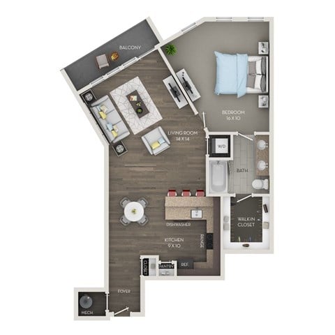 Floor plan for 1 bed, 1 bath, 909 sqft