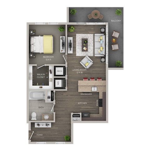 Floor plan for 1 bed, 1 bath, 752 sqft