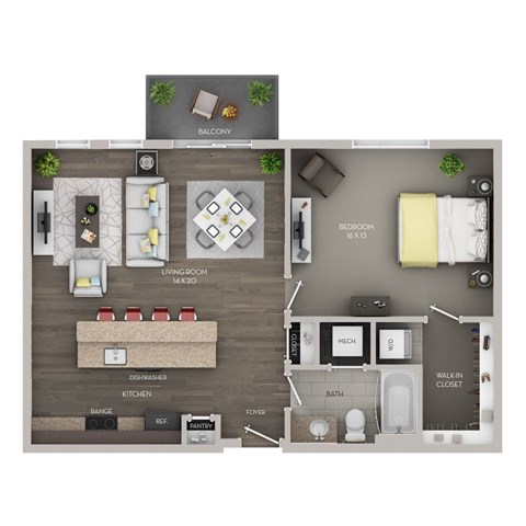 Floor plan for 1 bed, 1 bath, 800 sqft