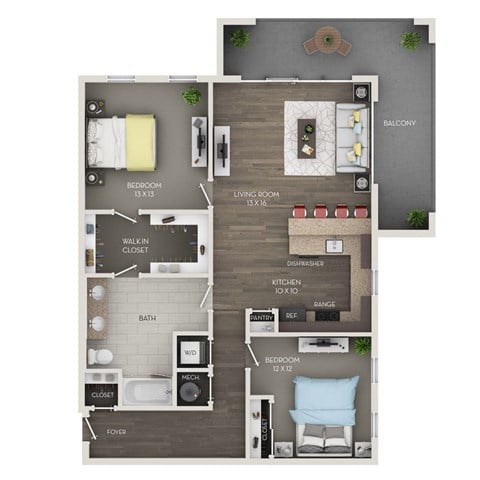 Floor plan for 2 beds, 1 bath, 1089 sqft