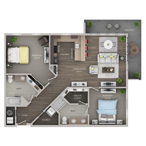 Floor plan for 2 beds, 2 baths, 1109 sqft