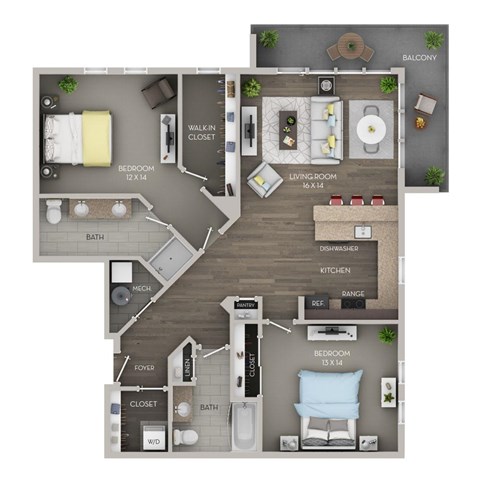 Floor plan for 2 beds, 2 baths, 1216 sqft