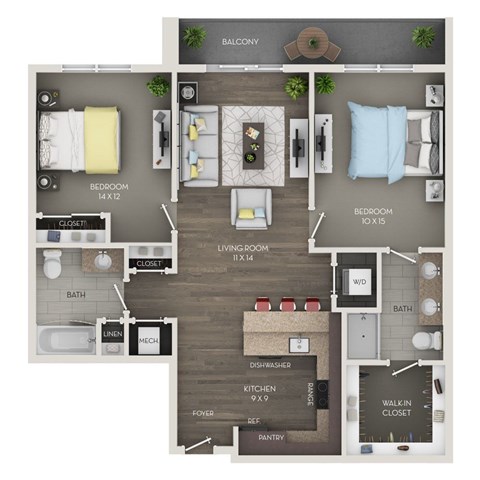 Floor plan for 2 beds, 2 baths, 1025 sqft