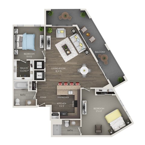 Floor plan for 2 beds, 2 baths, 1163 sqft