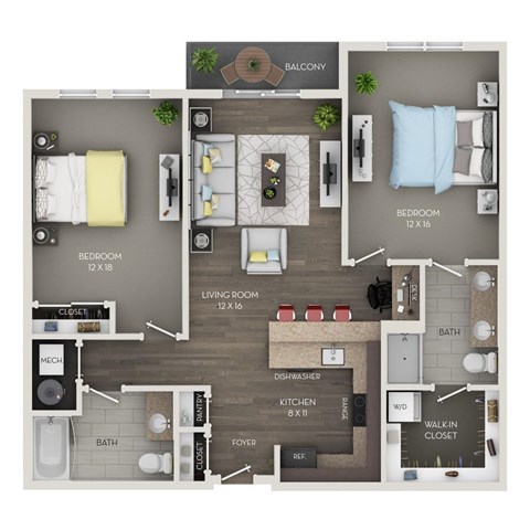 Floor plan for 2 beds, 2 baths, 1107 sqft