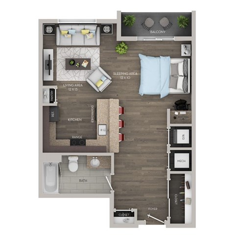Floor plan for studio, 1 bath, 656 sqft